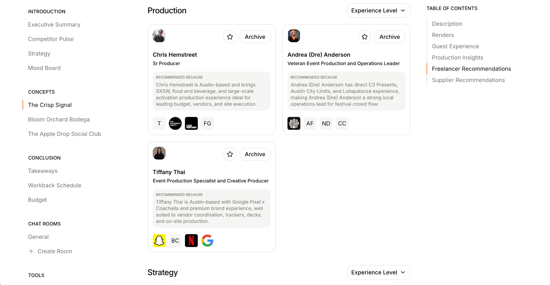 Matched producers and freelance talent